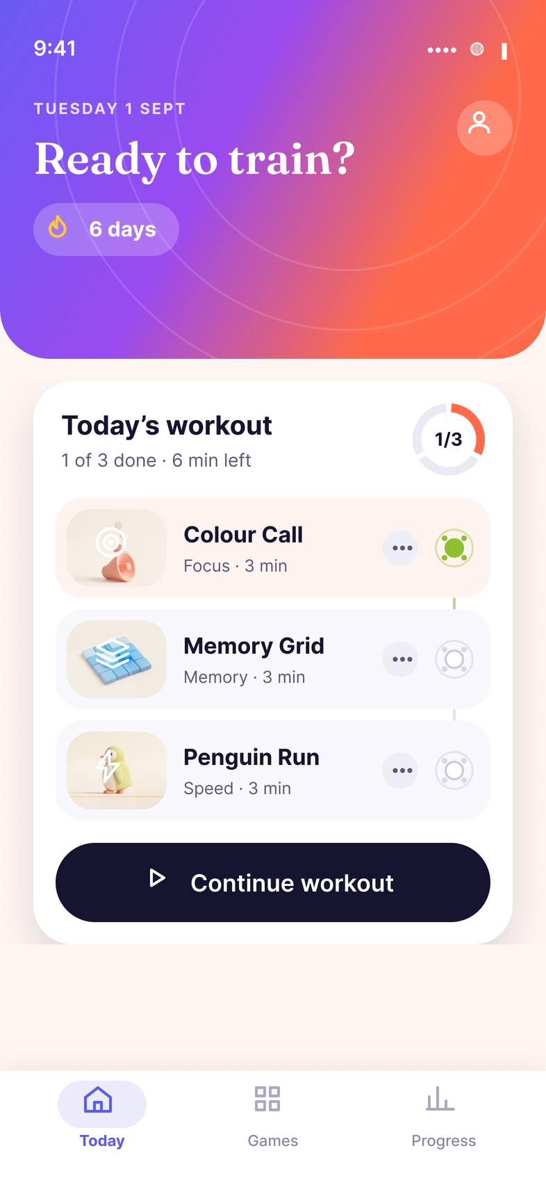The Foxling home screen, showing today's three games